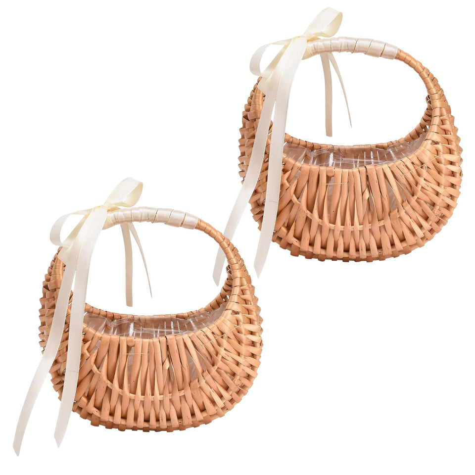Yiheini wicker flower basket with half moon shape in brown, ideal for wedding aisles.