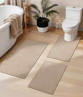 YIHOUSE 3-piece beige bathroom rug set on the floor for cohesive bath décor