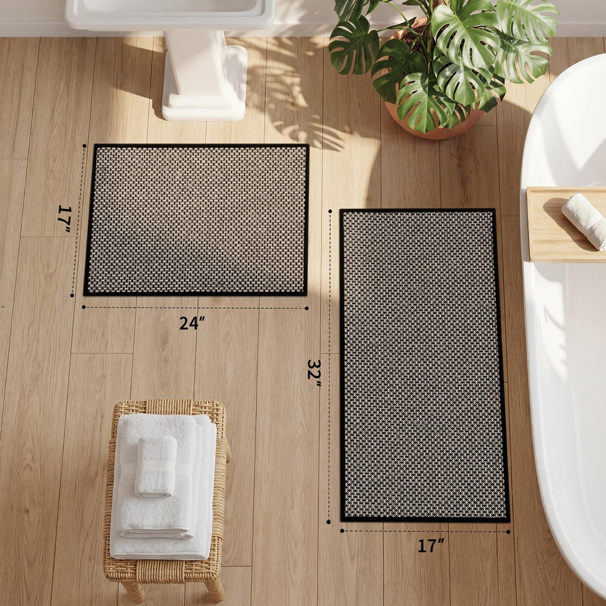 YIHOUSE black bath mat fits toilet and sink areas with slim profile.