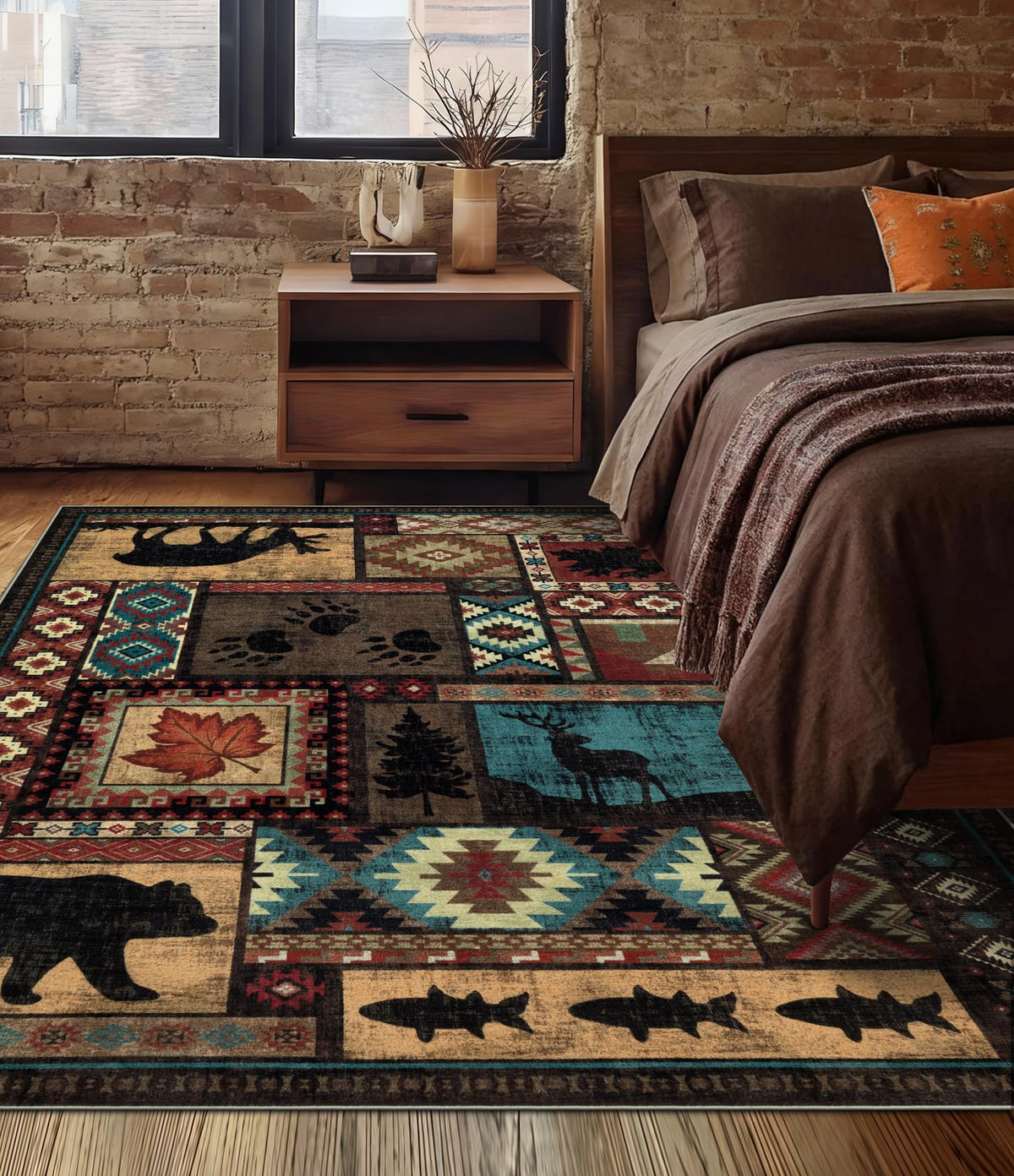 YIHOUSE deer and bear motif rug brings southwestern charm to bedrooms.