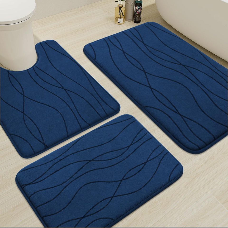 YIHOUSE memory foam blue bath rug set front view with plush comfort and quick absorption.