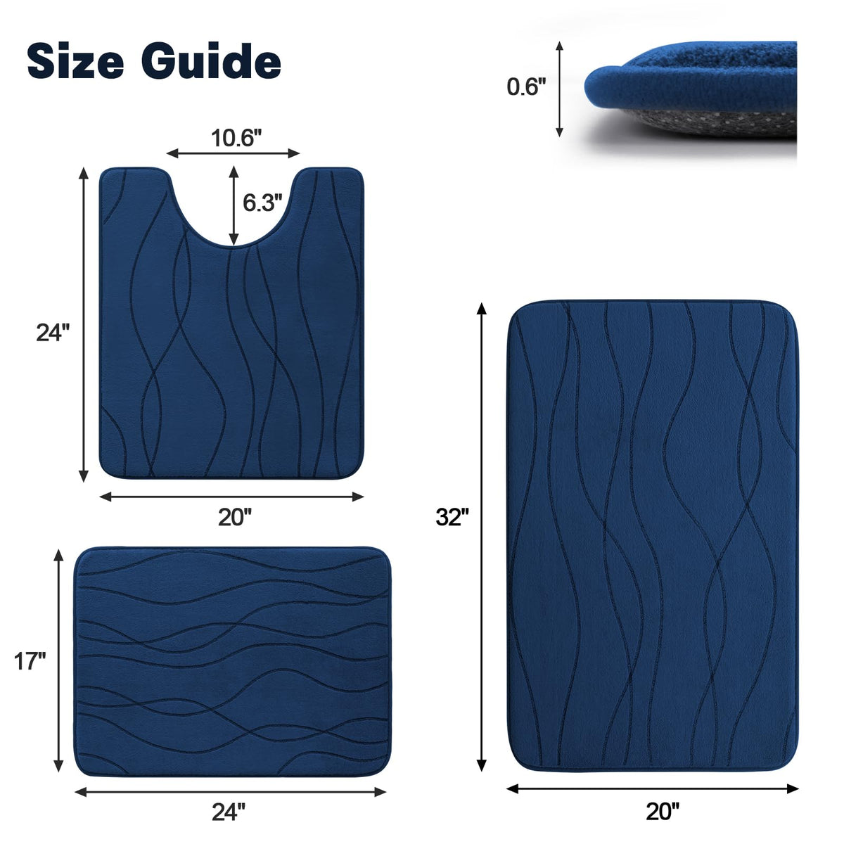 YIHOUSE memory foam blue bath rug set middle view showing large mat and U-shaped rug.