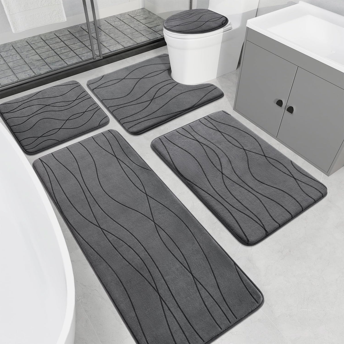 YIHOUSE memory foam gray bathroom rug set shown as a cohesive 5-piece kit for bathroom comfort.