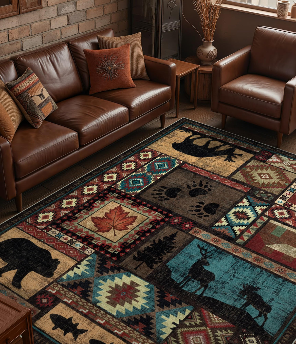 YIHOUSE bear-pattern rustic cabin rug enhances the living room ambiance