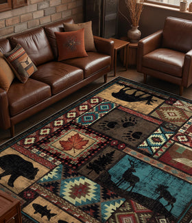 YIHOUSE bear-pattern rustic cabin rug enhances the living room ambiance