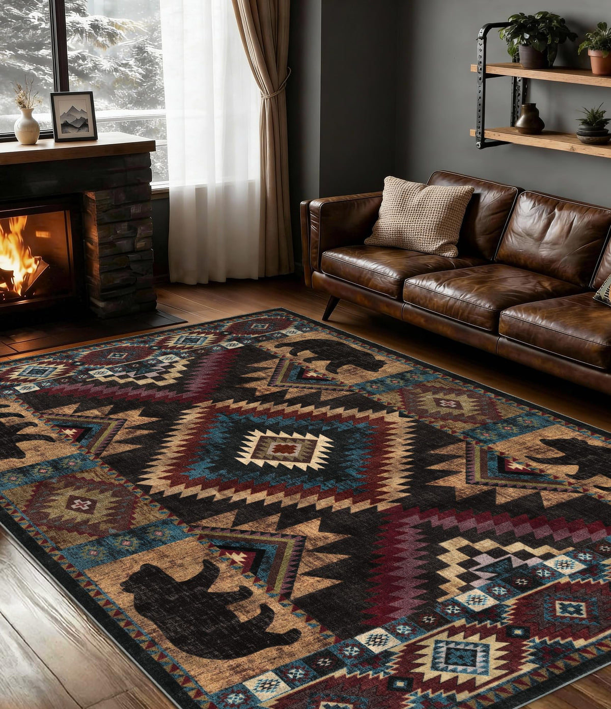YIHOUSE Rustic Cabin Rug overview in cozy living room.