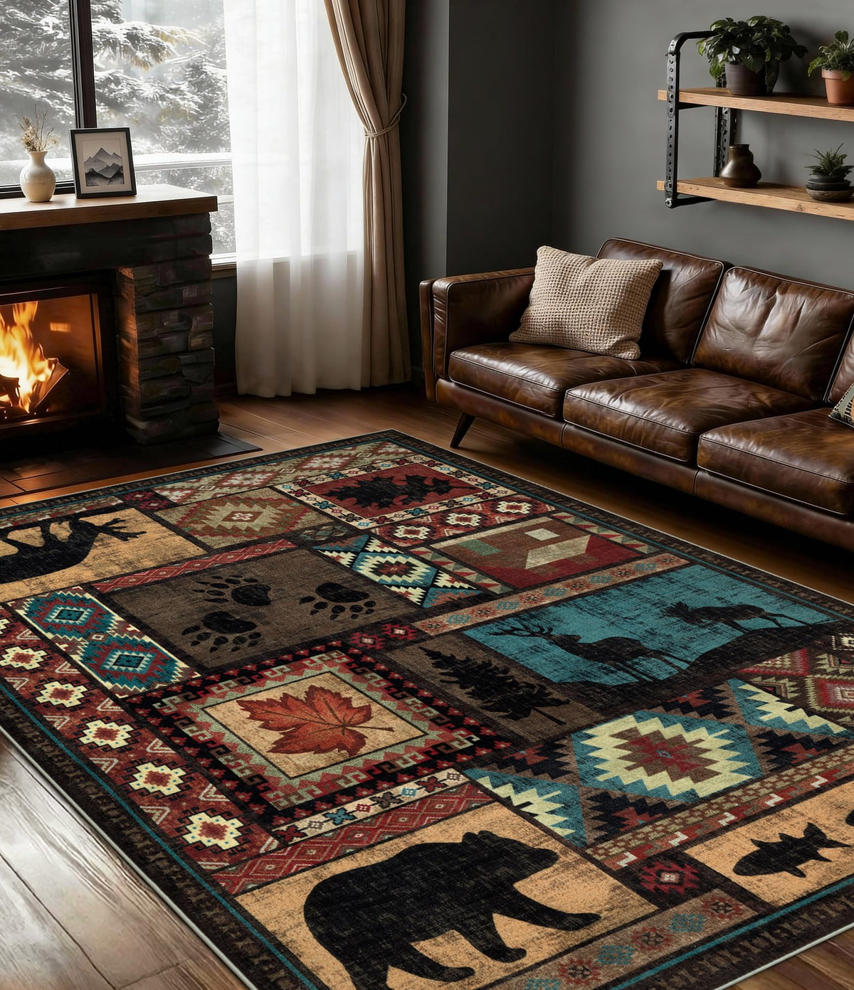 YIHOUSE rustic cabin rug 5x7 with bear motif adds cozy texture to living rooms.