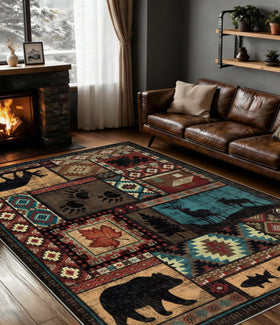 YIHOUSE rustic cabin rug 5x7 with bear motif adds cozy texture to living rooms.