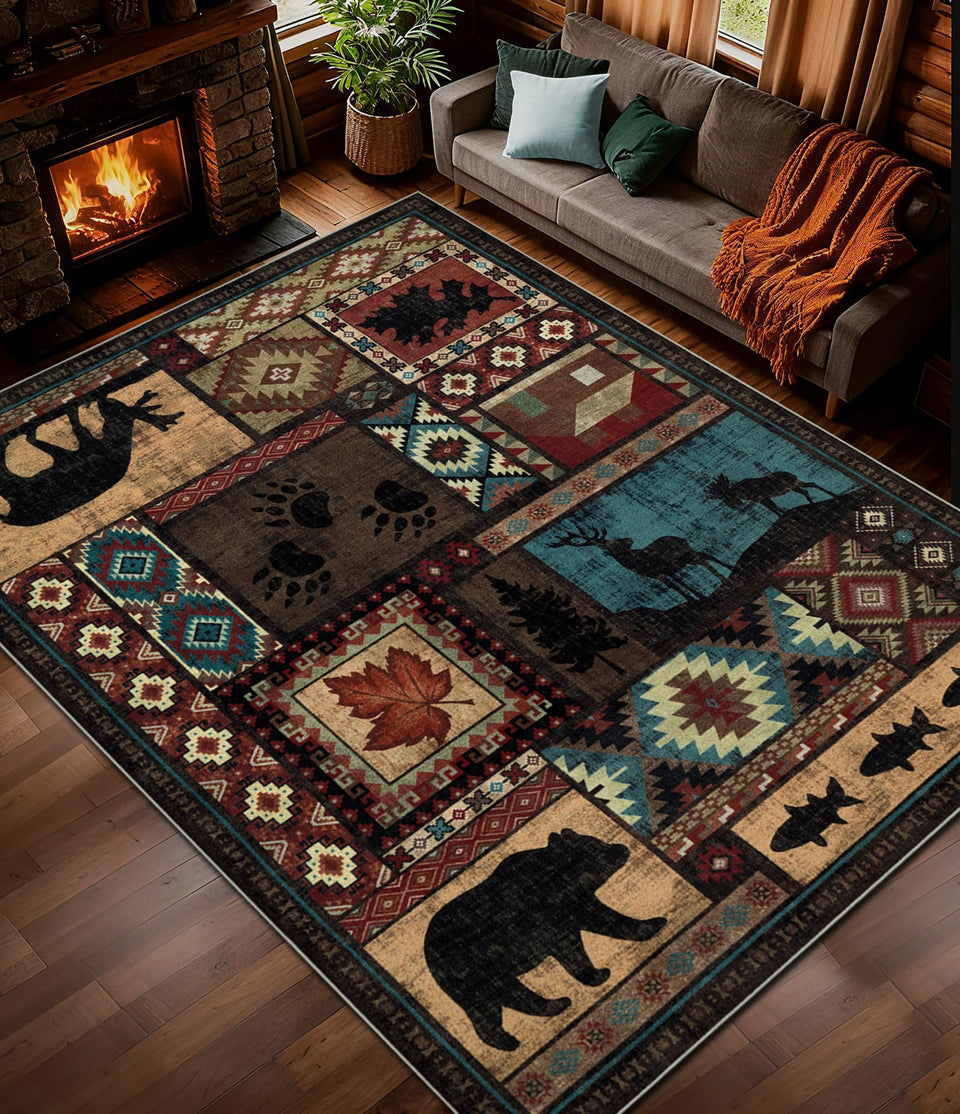 YIHOUSE rustic cabin rug with bears and deer, adds cozy lodge vibes to living rooms.