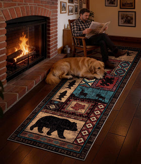 YIHOUSE southwestern wildlife print rug featuring bears and deer details.