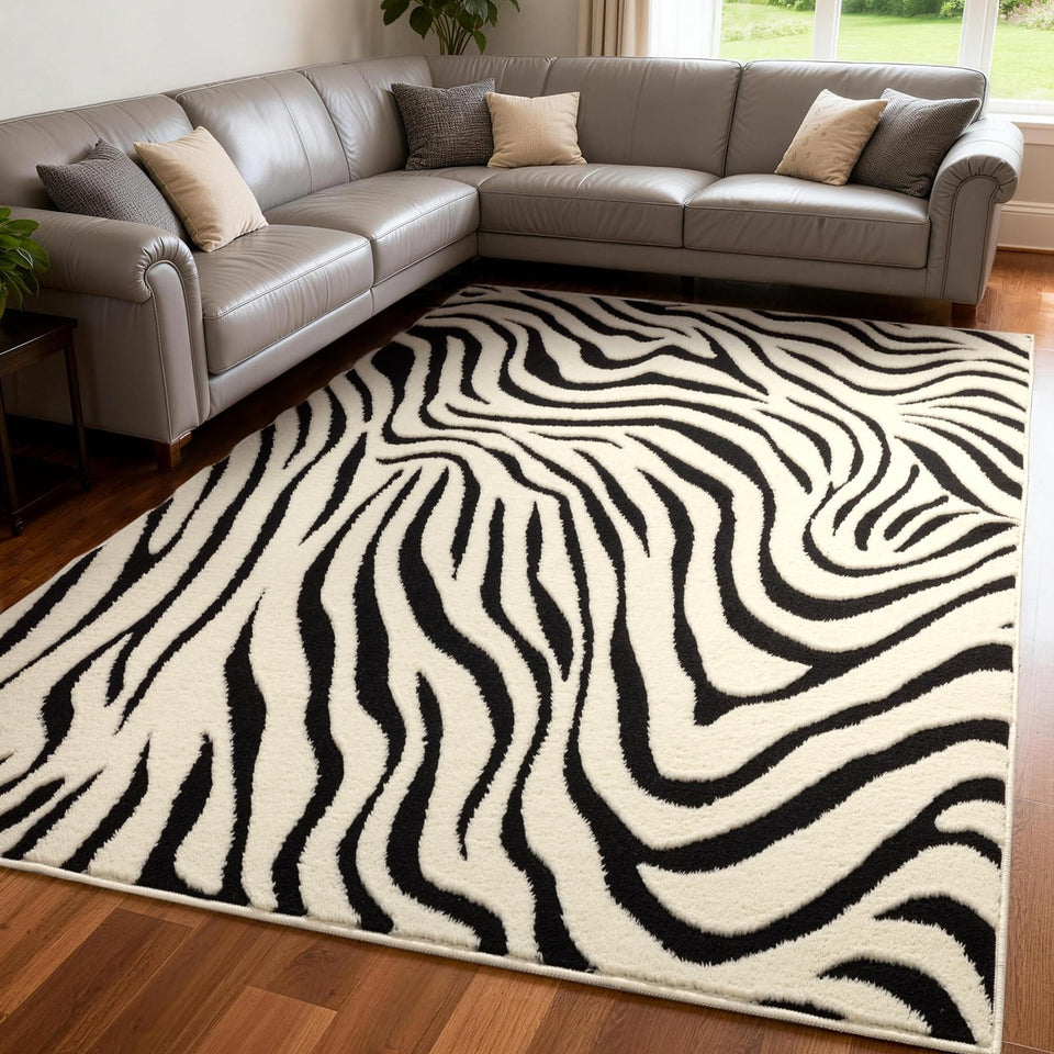 YIHOUSE zebra-striped abstract rug 5x7 enhances living room decor.