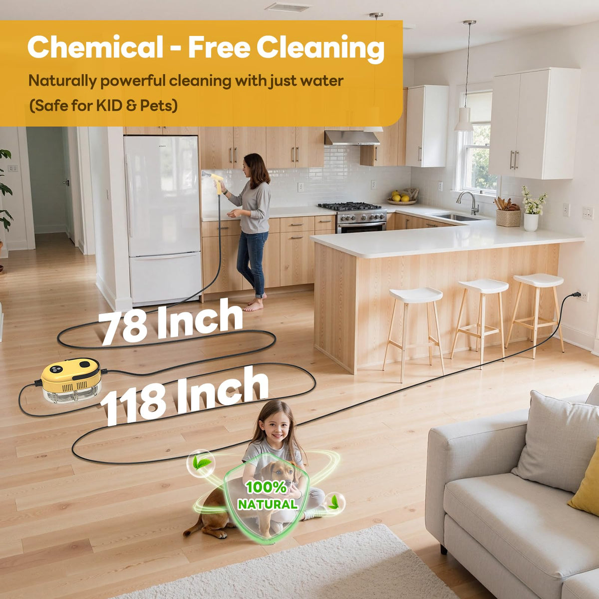 YIKEDA handheld steam cleaner features 118-inch cord and 78-inch hose for wide reach.