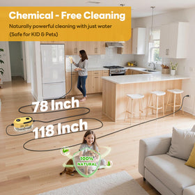 YIKEDA handheld steam cleaner features 118-inch cord and 78-inch hose for wide reach.