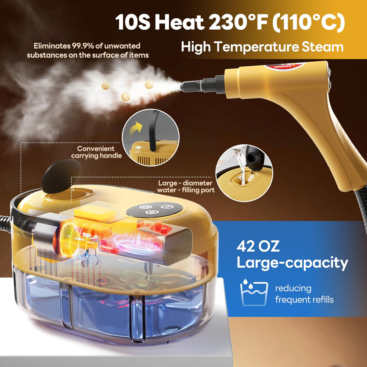 YIKEDA handheld steam cleaner with 42-ounce tank enables longer cleaning sessions.