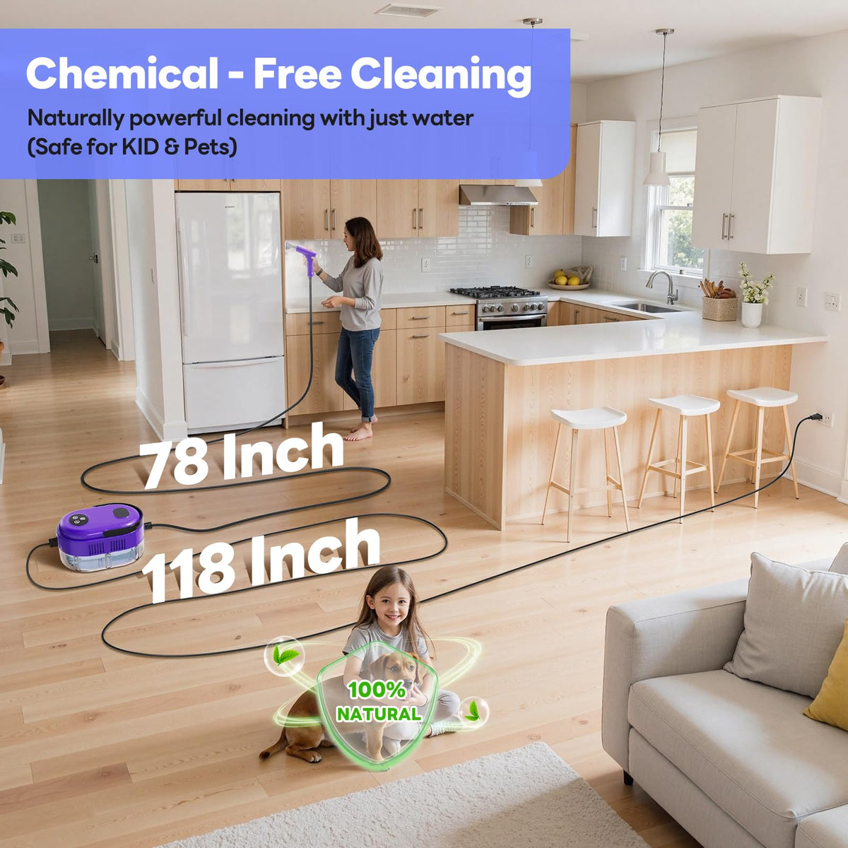 YIKEDA handheld steam cleaner with 118-inch cord extending reach.