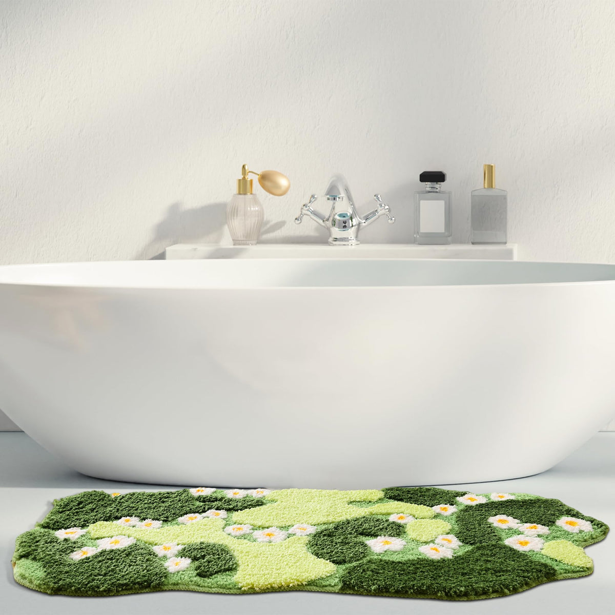 YIKUSH room ambience rug highlighting moss and flower motif