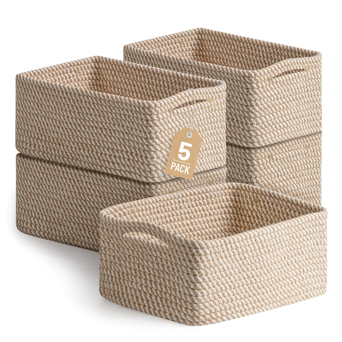 Yilobi five-pack decorative basket set in khaki for tidy shelves