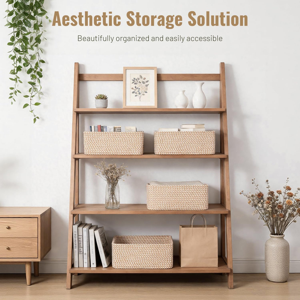 Yilobi khaki cotton rope baskets on shelf promote organized storage
