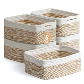 Yilobi small woven basket in khaki and white on a shelf for tidy storage