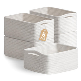 Yilobi white small woven basket on a shelf for organized storage