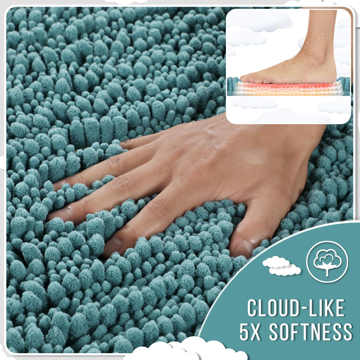 Highly absorbent microfiber dries quickly to keep bathroom floors dry.