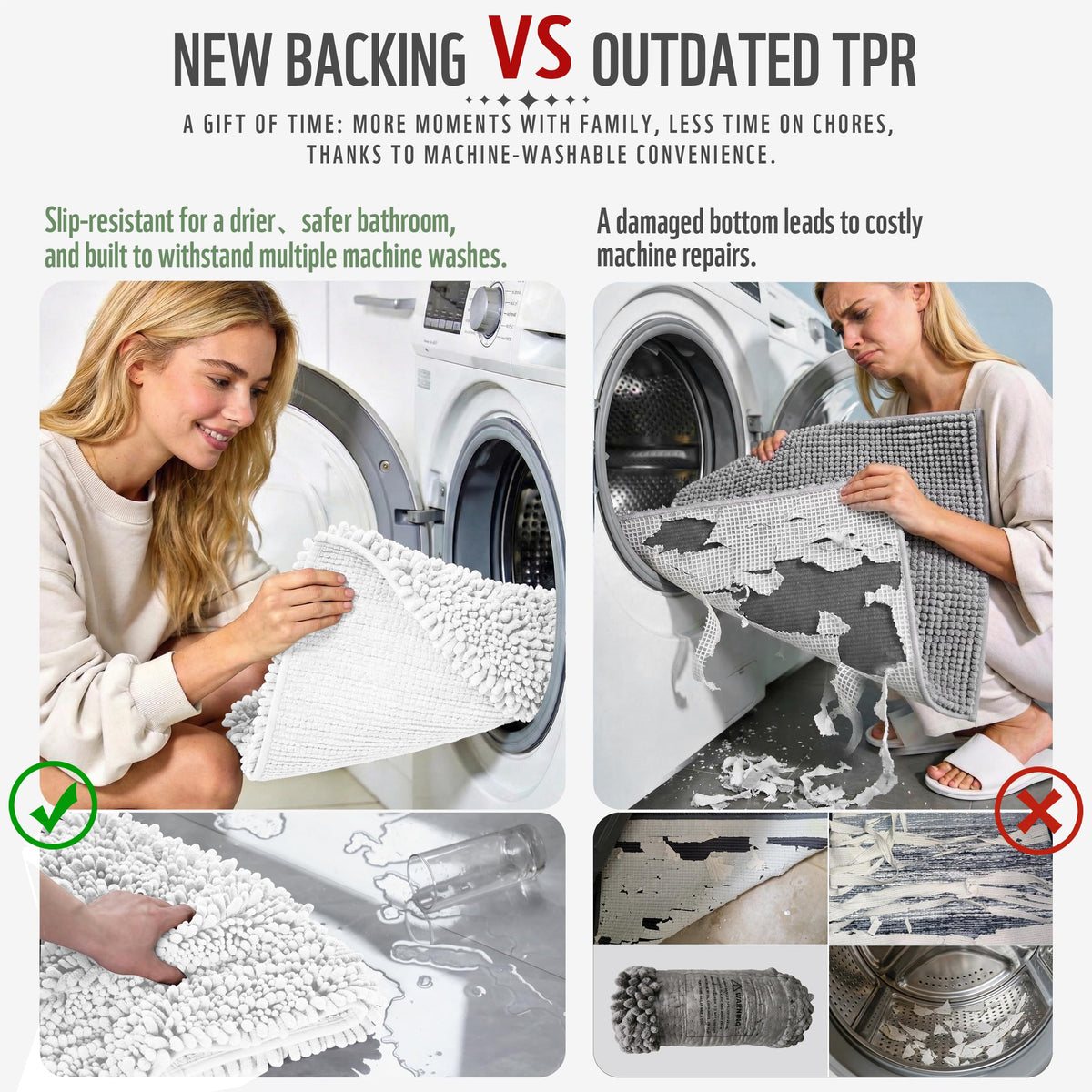 Yimobra bath mat with quick-dry shaggy fibers keeps floors drier.