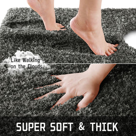 Yimobra fluffy bath mat close up shows dense microfiber pile absorbing moisture