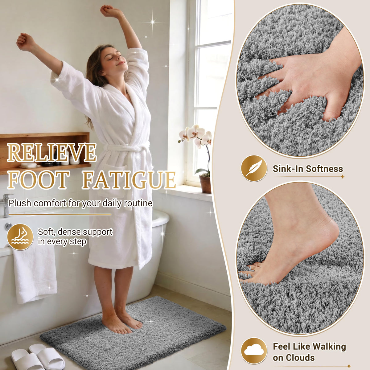 Yimobra bath rug with dense pile absorbs water quickly after showers.