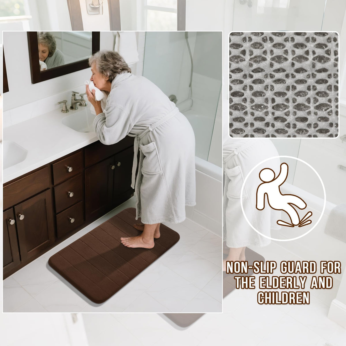Yimobra bath rug set machine washable label highlights easy care.