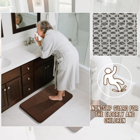 Yimobra bath rug set machine washable label highlights easy care.