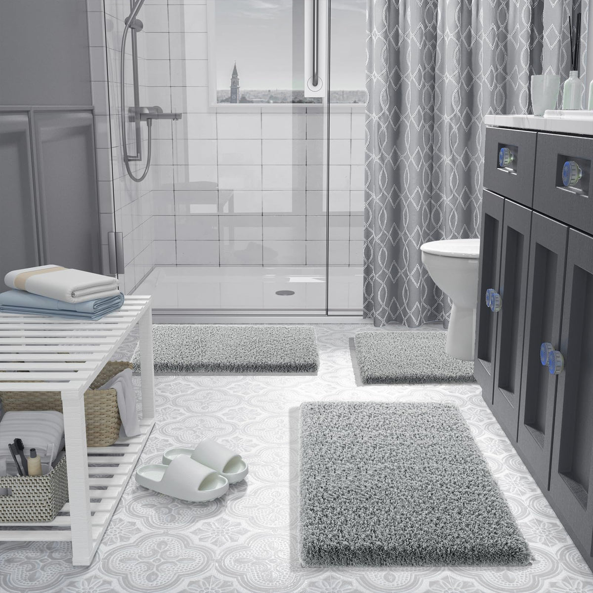 Yimobra rug adds a warm, soft touch to bathroom decor.