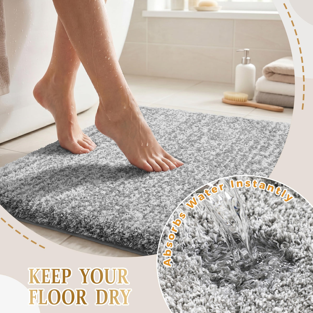 Yimobra rug in vanity area provides warm, cushioned footing.