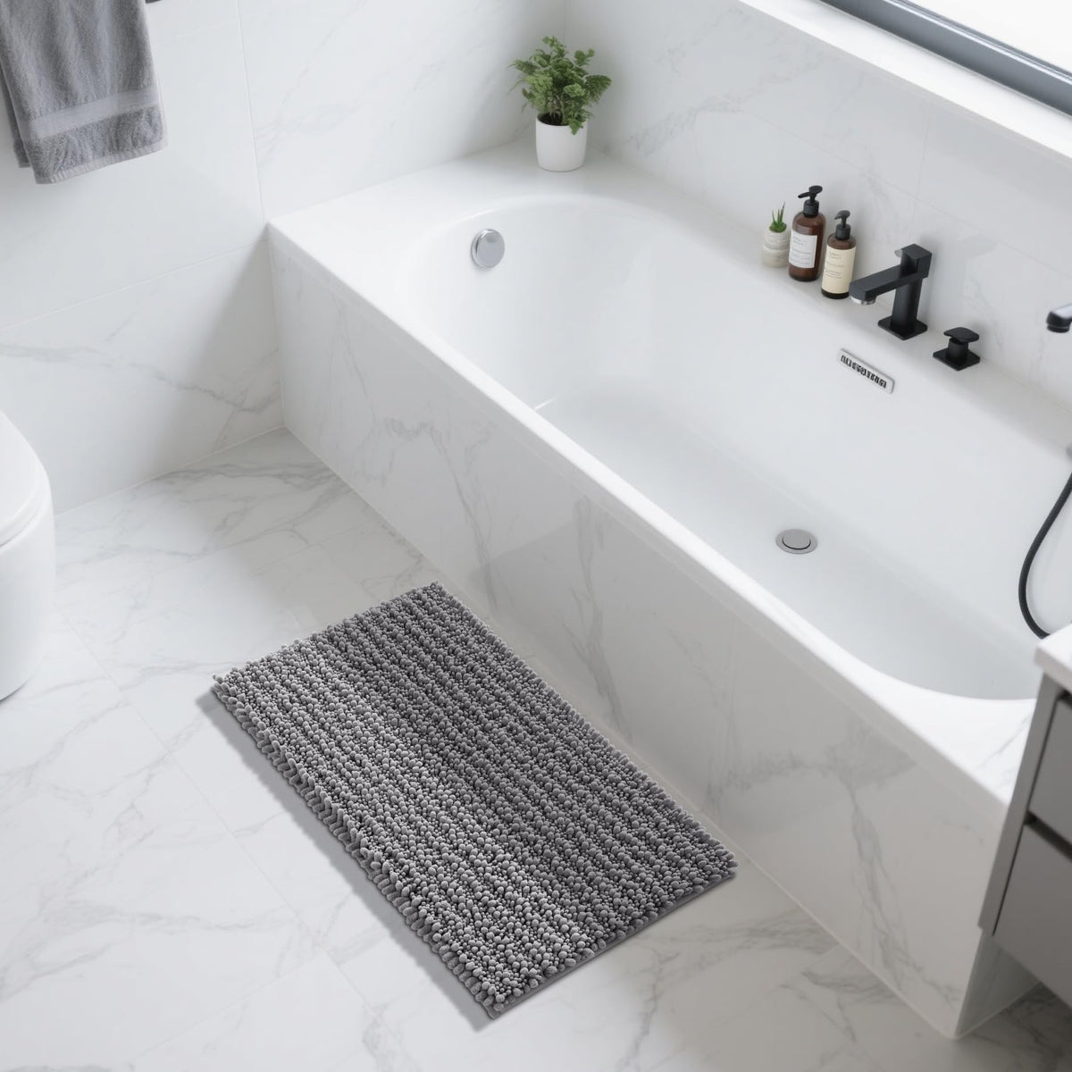 Yimobra gray spa-style rug enhances calm ambiance and floor protection.