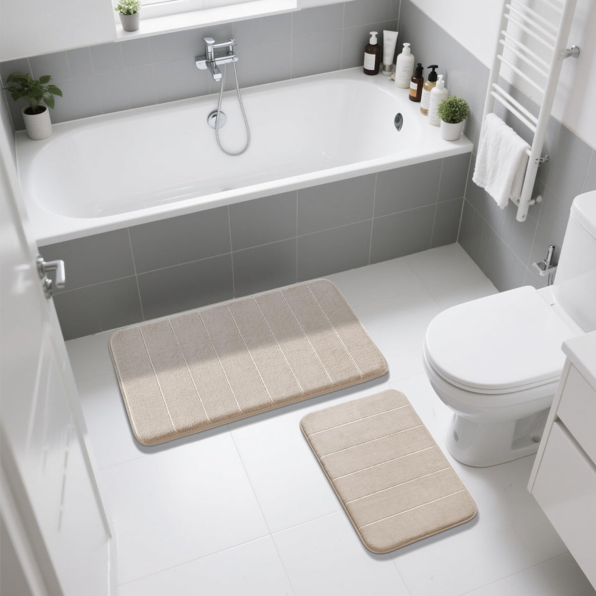 Neutral beige Yimobra rug coordinates with various bathroom styles