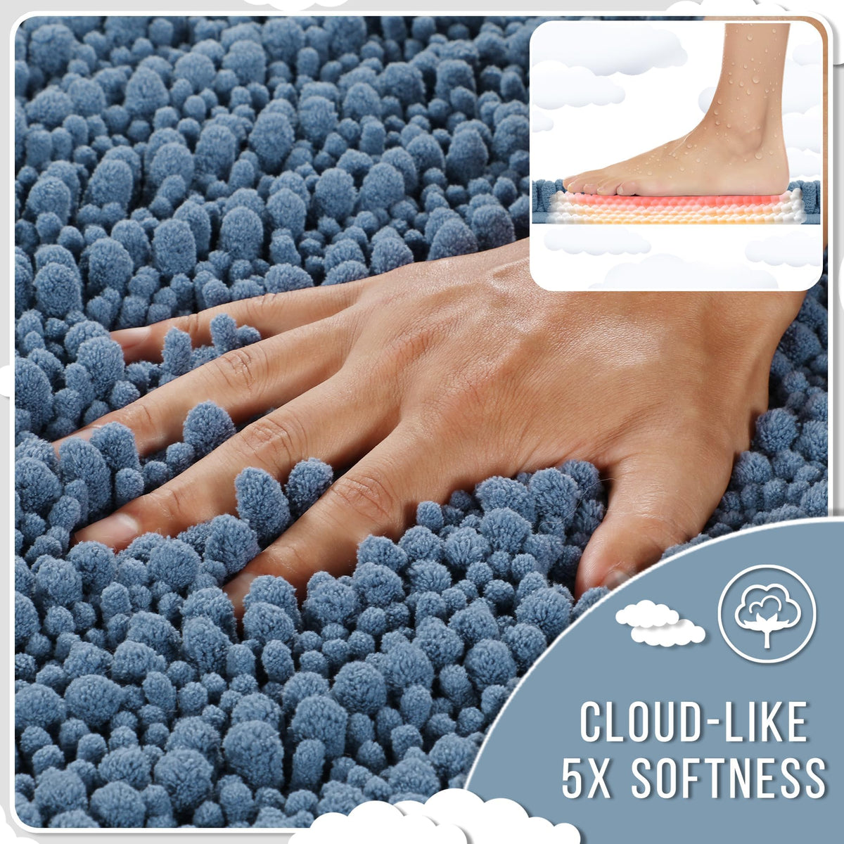 Front view of Yimobra denim blue bath mat absorbing water quickly after shower.