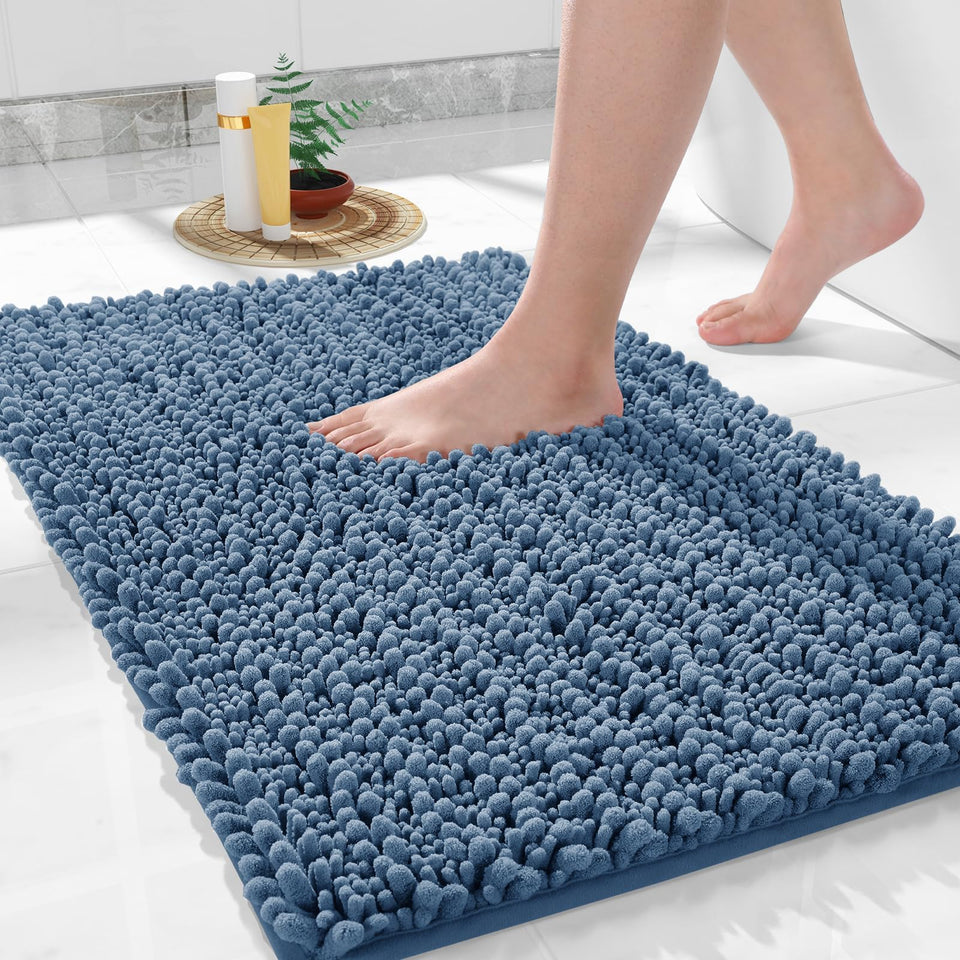 Yimobra denim blue bath mat 36x24 offers plush comfort and rapid moisture absorption.