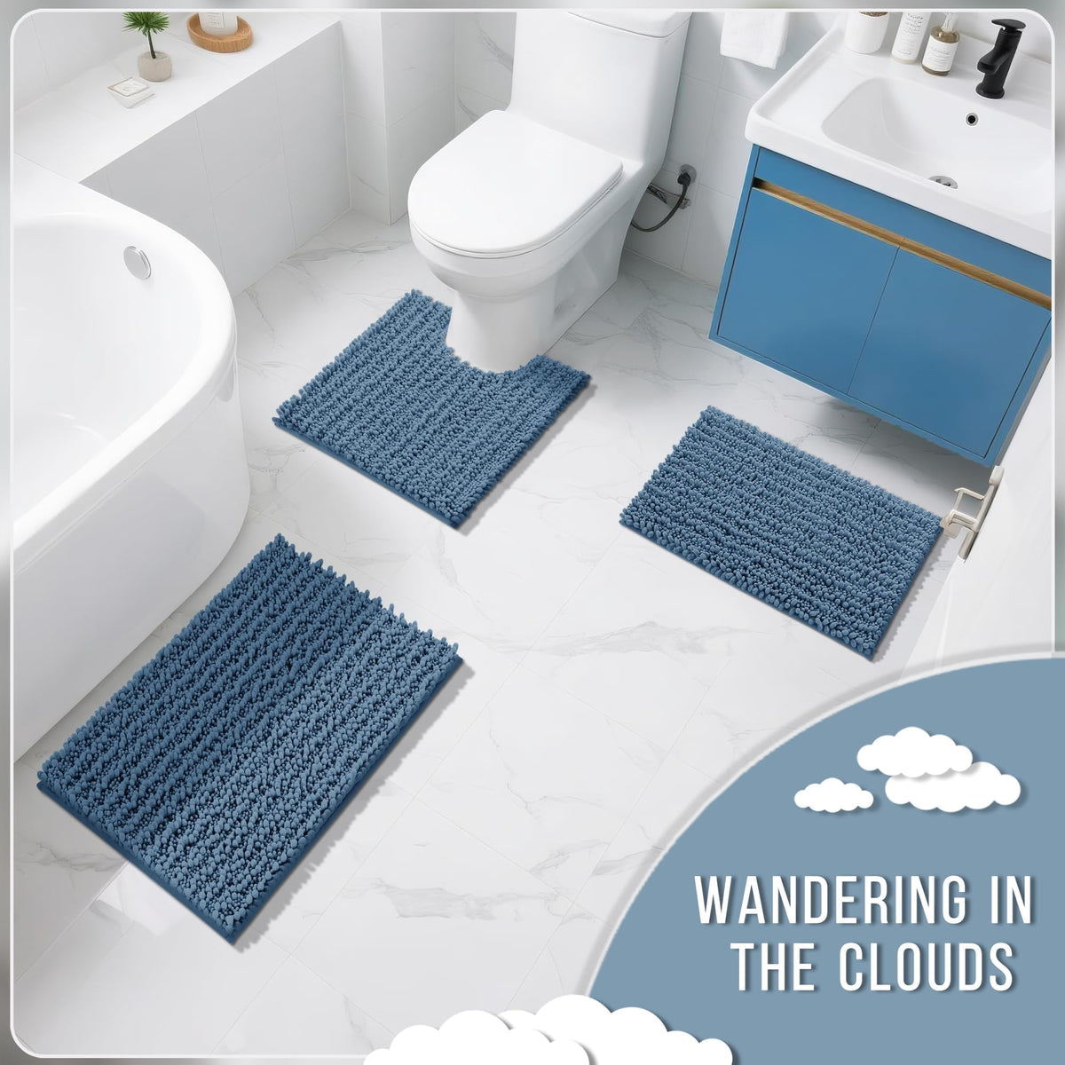 Yimobra denim blue bath rug absorbing moisture after shower steps