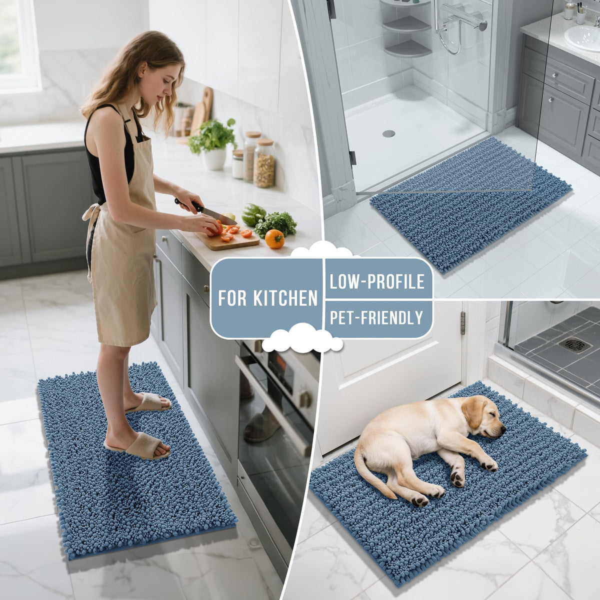 Yimobra denim blue bath mat placed at tub edge for full coverage.
