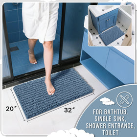 Yimobra denim blue bath mat laid on floor for cozy absorbent coverage