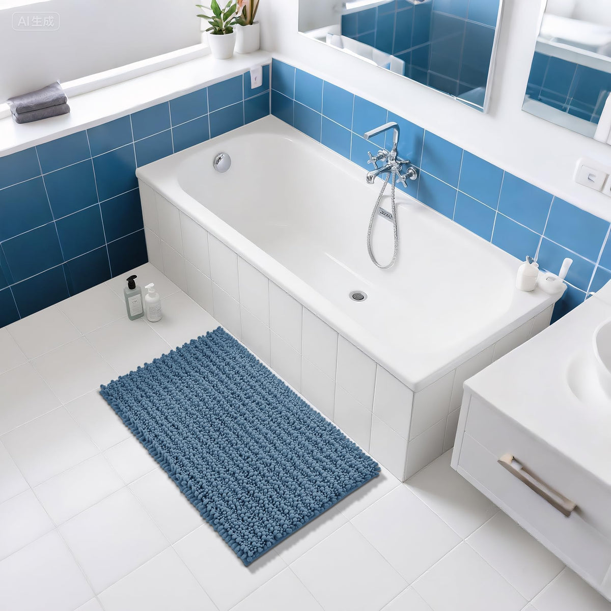 Yimobra denim blue bath mat shown near sink area for everyday use.