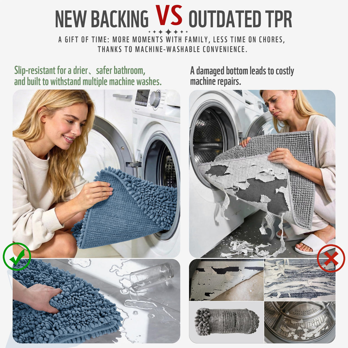 Yimobra denim blue bath rug near tub with water droplets demonstrating quick-dry