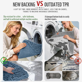 Yimobra denim blue bath rug near tub with water droplets demonstrating quick-dry