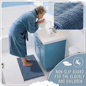 Fade-resistant denim blue color on Yimobra bath mat after multiple washes.