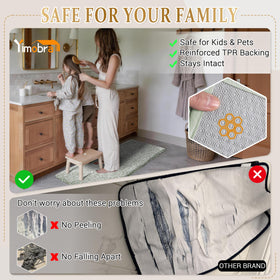 Yimobra dense-pile bath rug absorbs water quickly to keep floors dry.