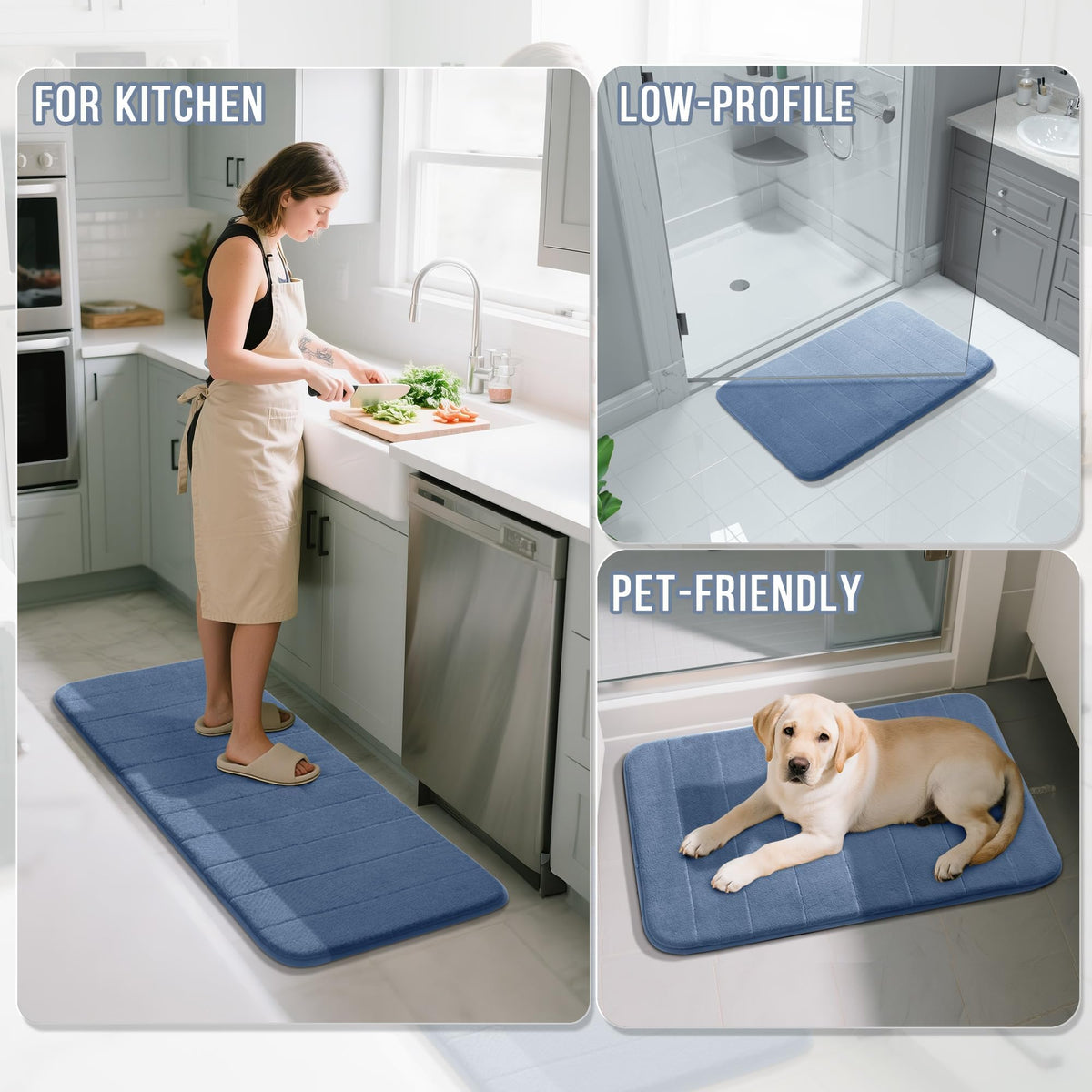 Quick-dry design reduces moisture on floors between uses in a denim blue bath area.