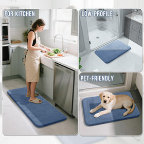 Quick-dry design reduces moisture on floors between uses in a denim blue bath area.