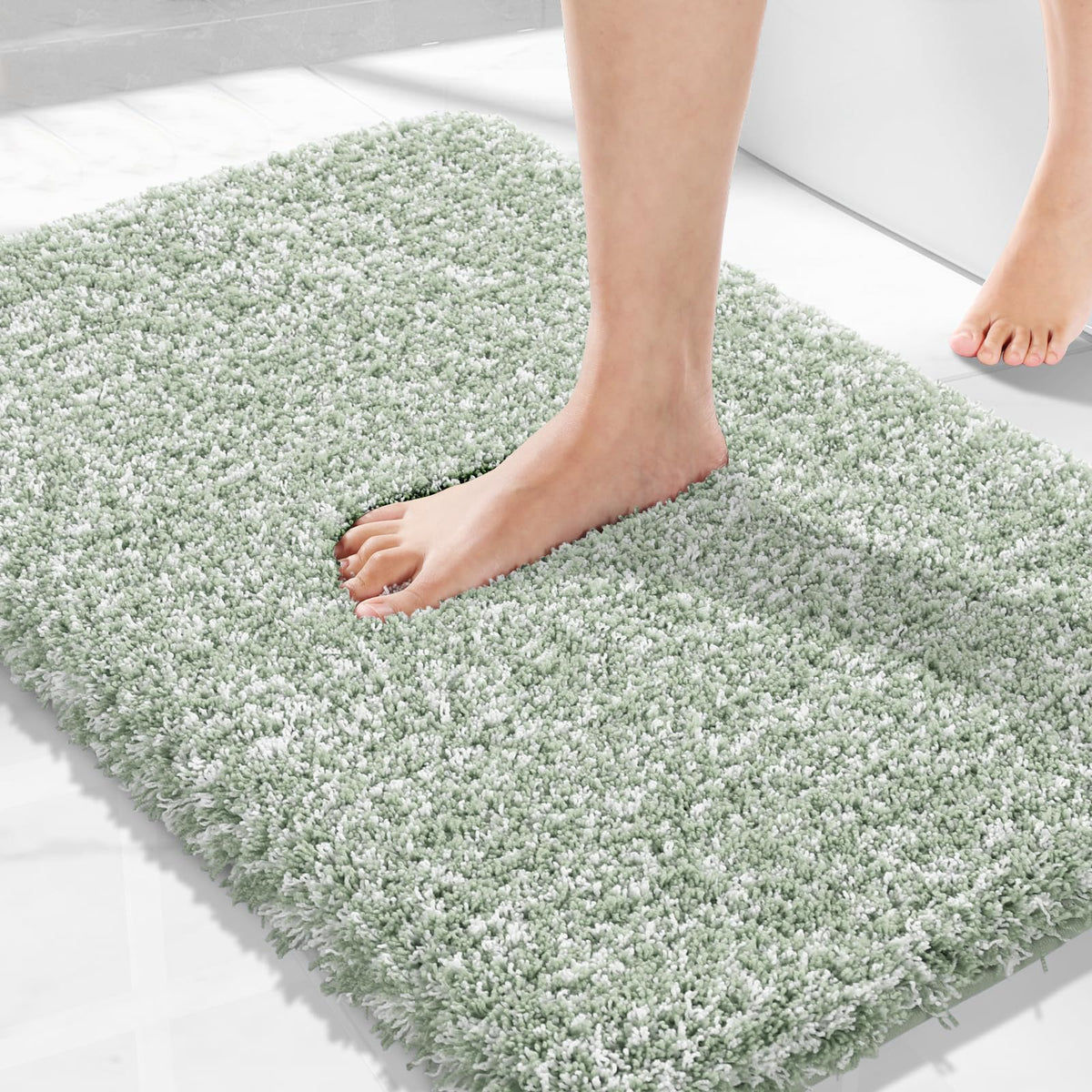 Yimobra light green white bath rug 32x20, soft texture for cozy feet.