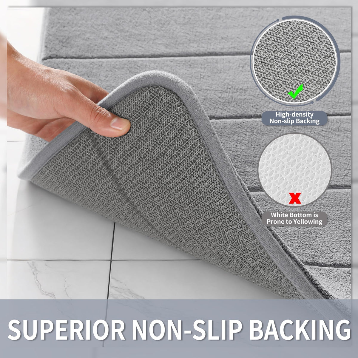 Yimobra diamond-tread backing ensures non-slip stability on wet surfaces