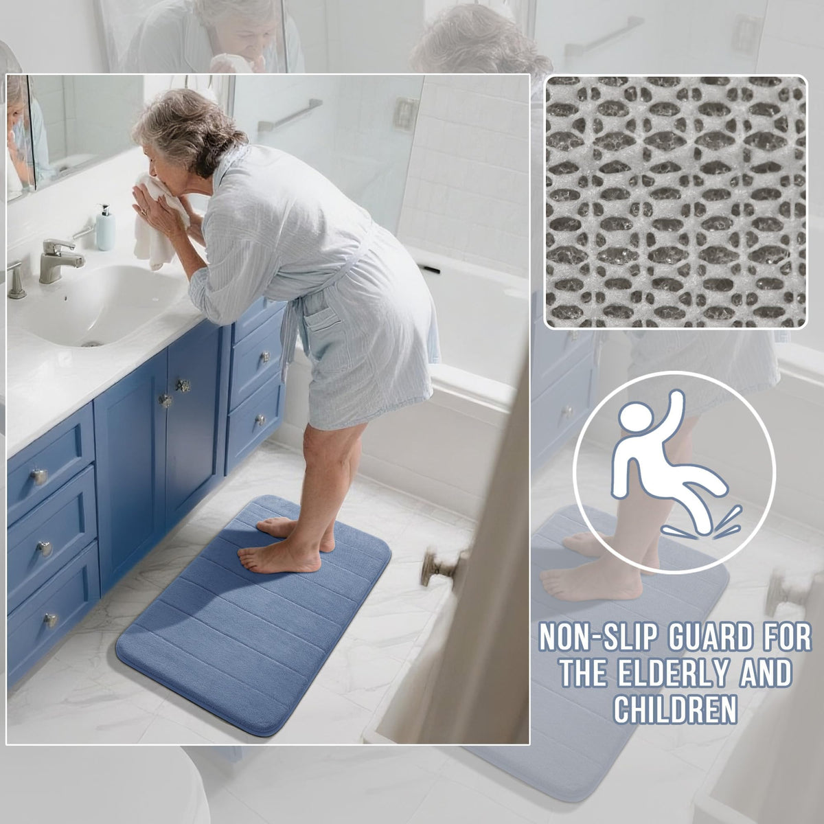 Machine-washable Yimobra bath rug helps keep denim color and texture over time.