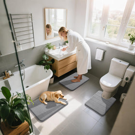 Yimobra memory foam bath mat set color-fast gray that stays vibrant after washing.